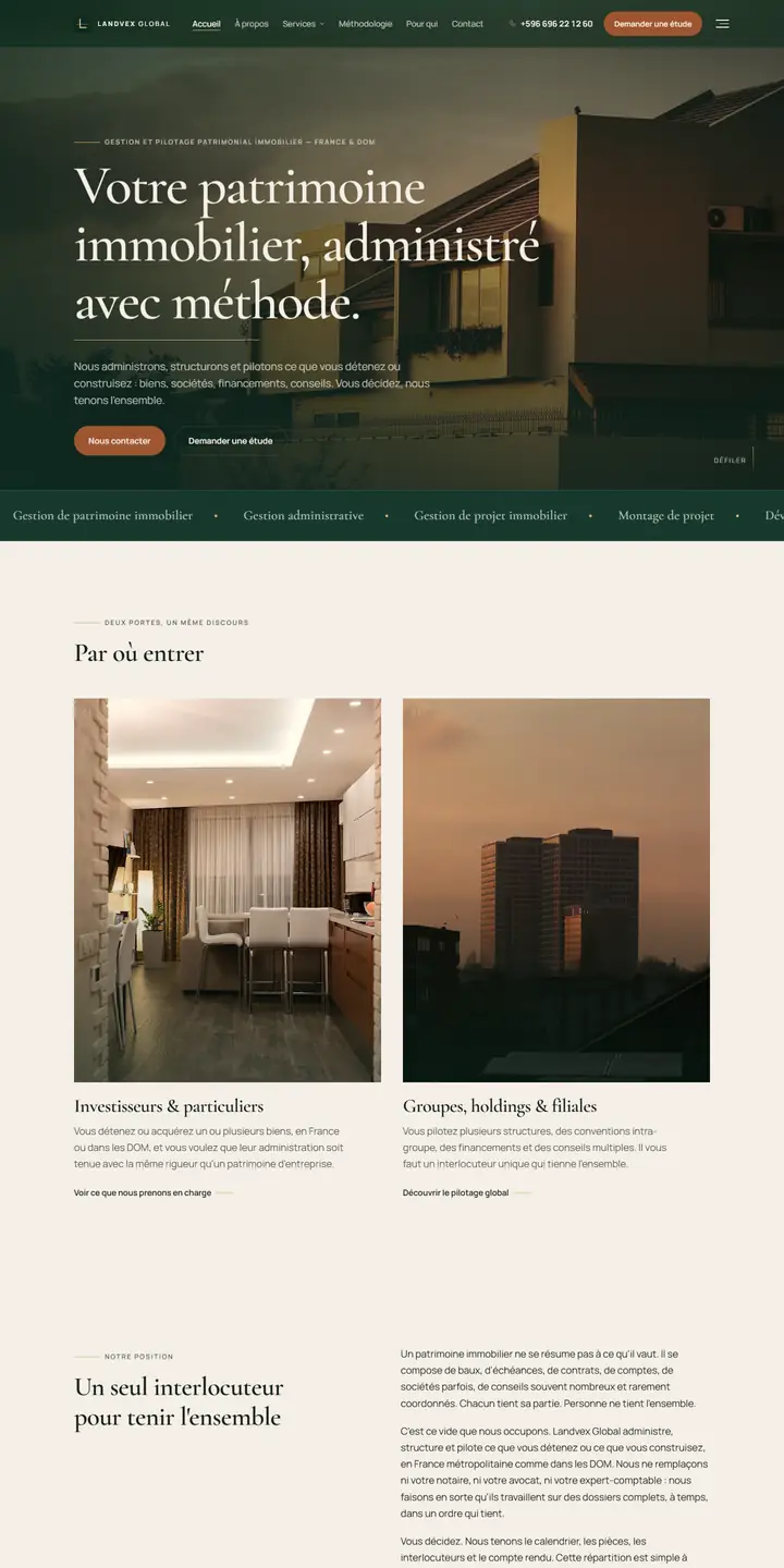 Site Landvex Global affiché sur un écran d'ordinateur et un smartphone : page d'accueil, gestion de patrimoine immobilier