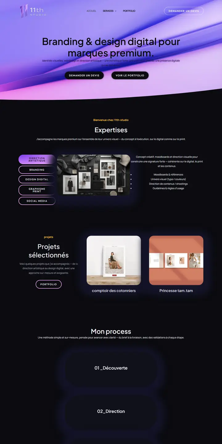 Site 11th-studio affiché sur un écran d'ordinateur et un smartphone : page d'accueil, branding et design digital