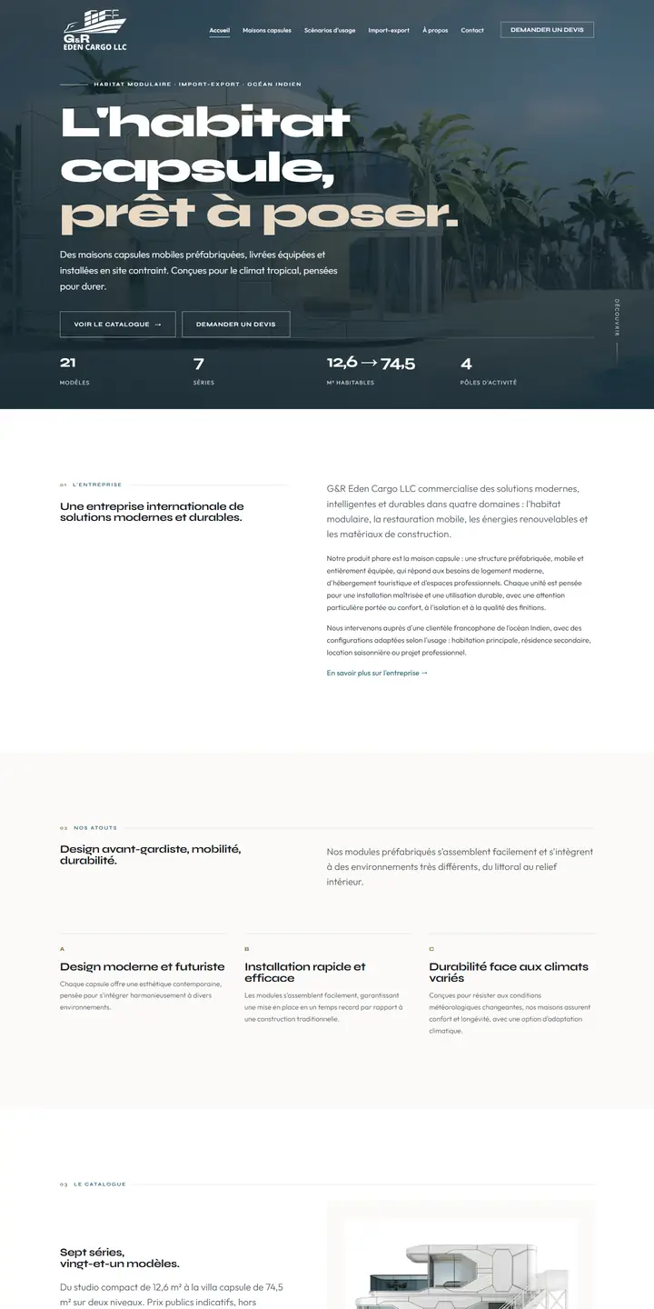 Site G&R Eden Cargo LLC affiché sur un écran d'ordinateur et un smartphone : page d'accueil, maisons capsules et import-export
