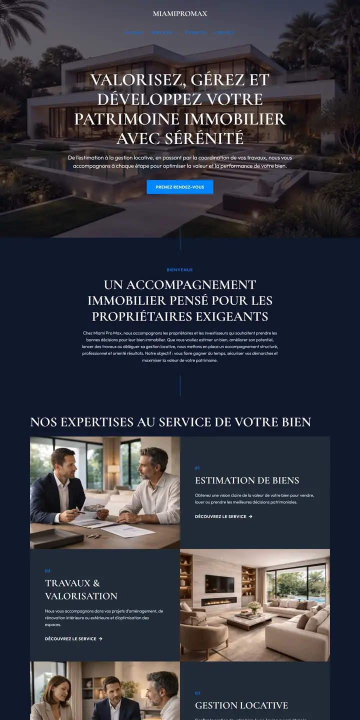 Site MiamiProMax affiché sur un écran d'ordinateur et un smartphone : page d'accueil, gestion et valorisation immobilière