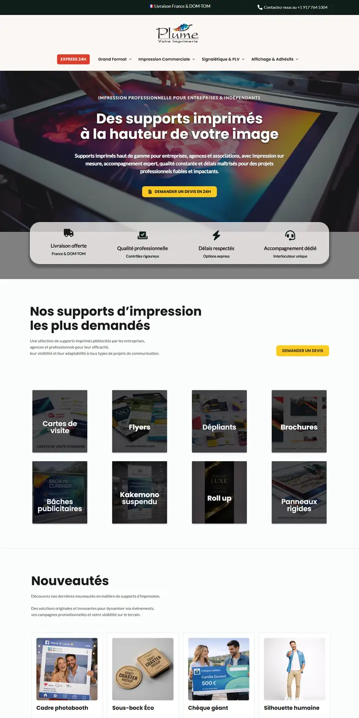 Site Plume Imprimerie affiché sur un écran d'ordinateur et un smartphone : page d'accueil, imprimerie professionnelle